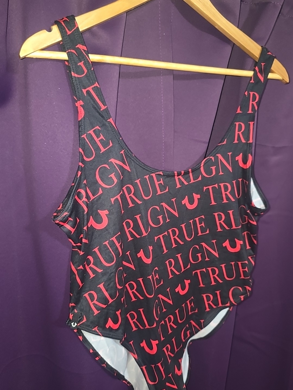 True Religion Black One-Piece Bodysuit with Red Logo Print - Picture 2 of 5